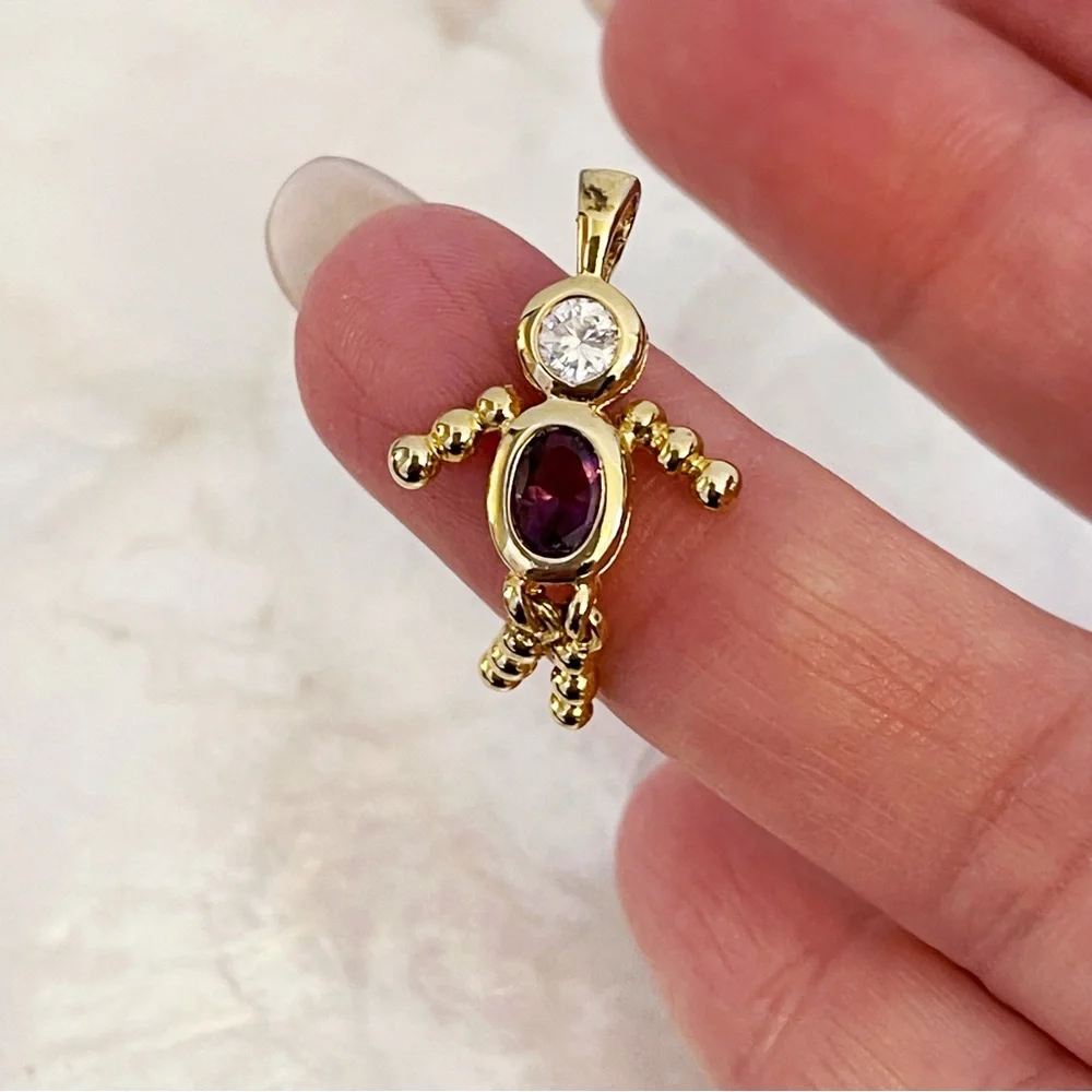 925 Sterling Faux Diamond Faux Amethyst Girl Birthstone Pendant 1.25” - Picture 2 of 9